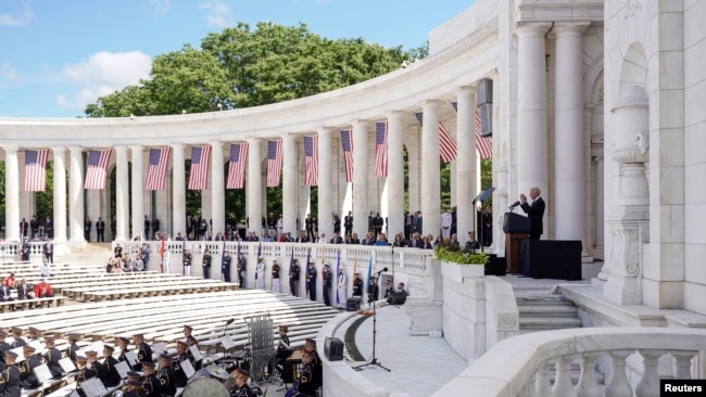 U.S. President Joe Biden delivers the Memorial Day speech during the National Memorial Day observance at Arlington National Cemetery in Arlington, Virginia, U.S. May 31, 2021.