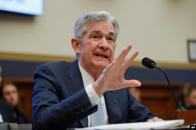 FILE - Federal Reserve Board Chair Jerome Powell speaks to members of the House Committee on Financial Services on Capitol Hill in Washington, Feb. 27, 2019.