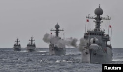 South Korea's naval ships take part in a military drill for possible attack from North Korea in the water of the East Sea, South Korea, Sept. 5, 2017.