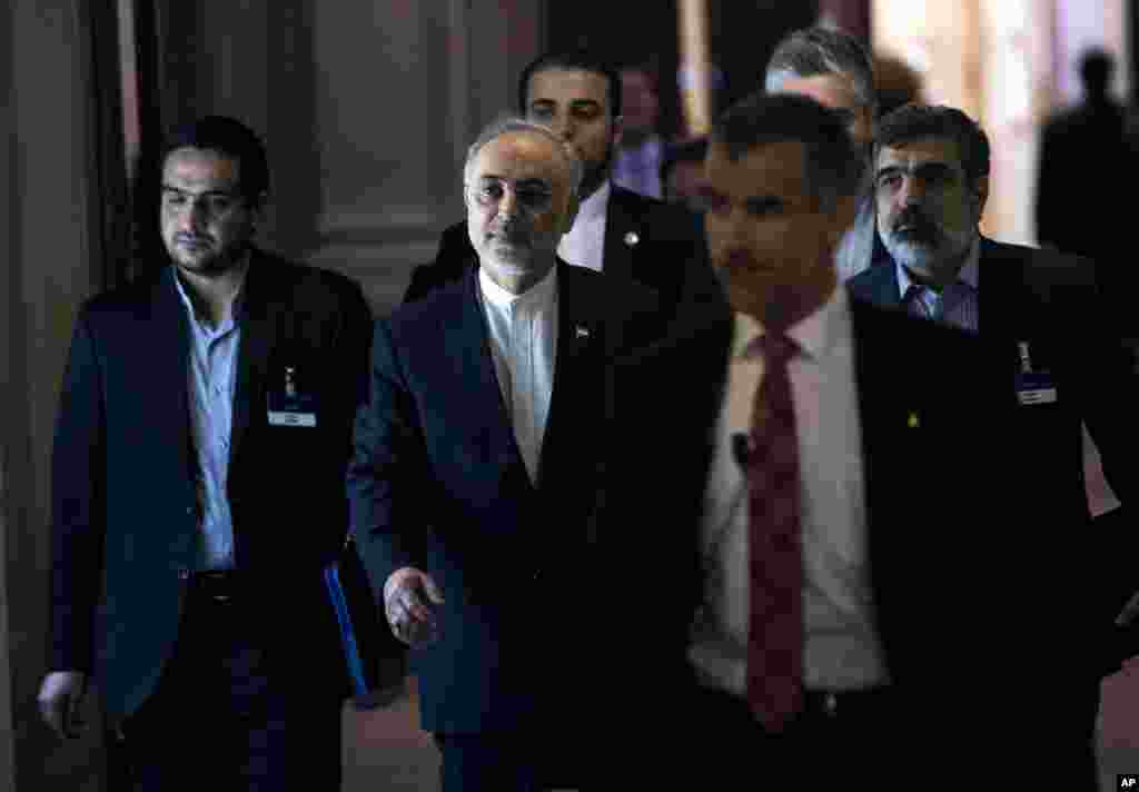 علی اکبر صالحی، رئيس سازمان انرژی اتمی ايران (چپ)، روز چهارشنبه ۱۲ فروردين ۱۳۹۴ (۱ آوريل ۲۰۱۵) پس از يک نشست طولانی در هتل بوريواژ در لوزان سوئيس در مورد برنامه هسته‌ای ايران قدم می‌زند. مذاکره کنندگان روز چهارشنبه نيز در تمديد مدت مذاکرات گردهم آمدند.