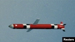 A cruise missile made by South Korea is seen after being launched during a test at an undisclosed location, in this picture released by South Korea's Defense Ministry in Seoul, April 19, 2012. 