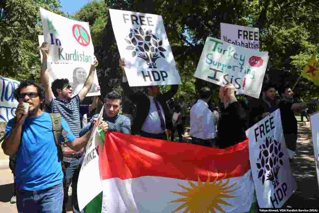 Protesters demonstrate outside the White House as Turkish President Recep Tayyip Erdogan meets with U.S. President Donald Trump, May 16, 2017.