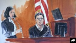 In this courtroom artist's sketch, defendant Mehmet Atilla (R) testifies during his trial on corruption charges, Dec. 15, 2017, in New York.