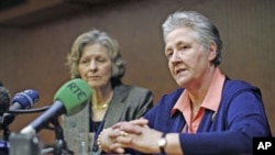 Irish abuse victim Marie Collins (R) talks during a news conference with British Professor Sheila Hollins in downtown Rome, February 7, 2012.