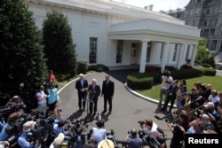 Republican leaders, left to right, Senate Majority Whip John Cornyn (R-TX), Majority Leader Mitch McConnell (R-KY) and John Thune, (R-SD) speak with the media after a lunch meeting with U.S. President Donald Trump to discuss health care at the White House