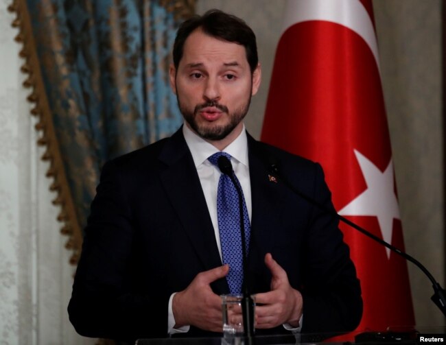 FILE - Turkish Treasury and Finance Minister Berat Albayrak speaks during a press conference in Istanbul, Turkey, Feb. 28, 2019.
