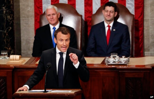 French President Emmanuel Macron speaks to a joint meeting of Congress on Capitol Hill in Washington, April 25, 2018.