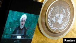 伊朗总统鲁哈尼在美国纽约第74届联合国大会上发表讲话。(2019年9月25日)