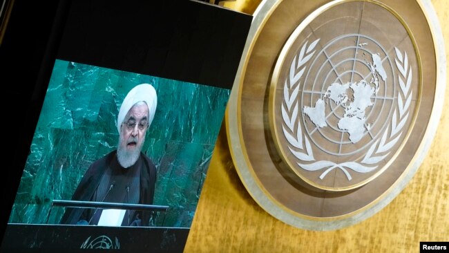 伊朗总统鲁哈尼在美国纽约第74届联合国大会上发表讲话。(2019年9月25日)