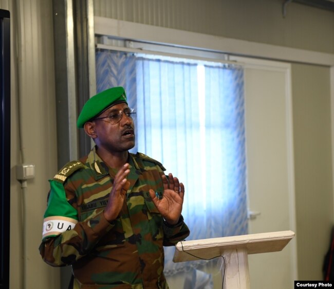 Lt. Gen. Tigabu Yilma Wondimhunegn, the force commander of the African Union Mission in Somalia (AMISOM), speaks at the closing session of the AMISOM Sector Commanders Conference, which discussed the new concept of operations in Mogadishu, Somalia, Feb. 15, 2019. The document will guide AMISOM's activities and operations during the 2018-21 period. (O. Abdisalan/AMISOM)