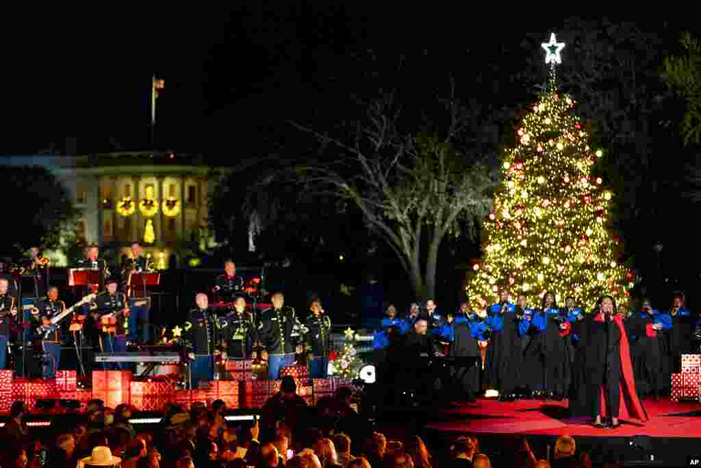 Patti LaBelle performs as President Joe Biden and first lady Jill Biden attend the National Christmas Tree lighting ceremony at the Ellipse near the White House, Dec. 2, 2021.