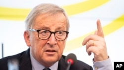 FILE - Jean-Claude Juncker, president of the European Commission, speaks during a visit to the Landtag of Baden-Württemberg, Feb. 19, 2019, in Stuttgart, Germany. 