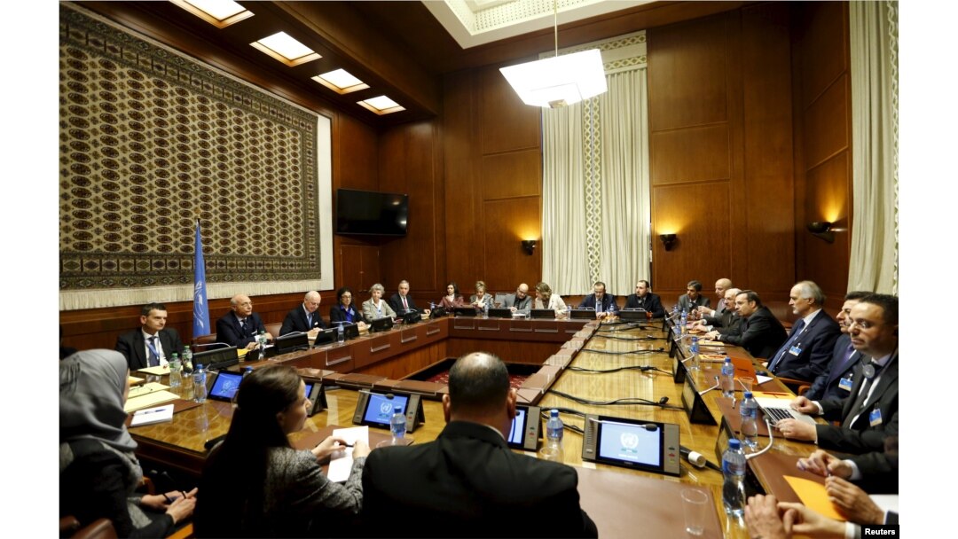 An overview of the room where Staffan de Mistura, the U.N. mediator for Syria, and the Syrian delegation, led by Syrian Ambassador to the U.N. Bashar Jaafari, opened the Syrian peace talks at the U.N. European headquarters in Geneva, Switzerland, Jan. 29,