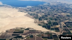 FILE - Agricultural farm land is shown near the Salton Sea and the town of Calipatria in California, United States.