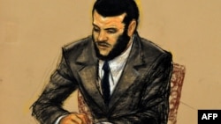 In this Pentagon-approved courtroom drawing by artist Janet Hamlin, Omar Khadr listens to replaying of McCarthy testimony, October 31, 2010. 