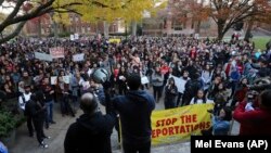 A large crowd gathers during a protest over some of President elect Donald Trump policies and to ask school officials to reject some of his plans at Rutgers University.