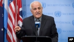 Palestinian U.N. Ambassador Riyad Mansour speaks during an emergency meeting of the U.N. Security Council on the worsening situation in Gaza at United Nations headquarters, July 20, 2014. 