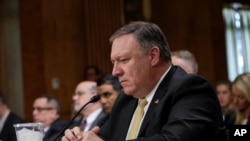 Secretary of State Mike Pompeo answers questions from the Senate Foreign Relations Committee just after President Donald Trump canceled the June 12 summit with North Korea's Kim Jong Un, citing the "tremendous anger and open hostility" in a recent statement from North Korea, on Capitol Hill in Washington, May 24, 2018.