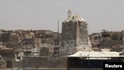 The destroyed Al-Hadba minaret at Grand al-Nuri Mosque is shown in Mosul, Iraq, June 22, 2017. 