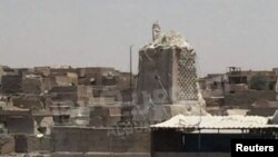 The destroyed Al-Hadba minaret at Grand al-Nuri Mosque is shown in Mosul, Iraq, June 22, 2017. 