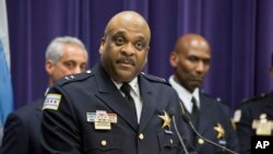 FILE - Eddie Johnson speaks to the media after Mayor Rahm Emanuel announced that he was appointing him the interim superintendent of the Chicago Police Department.