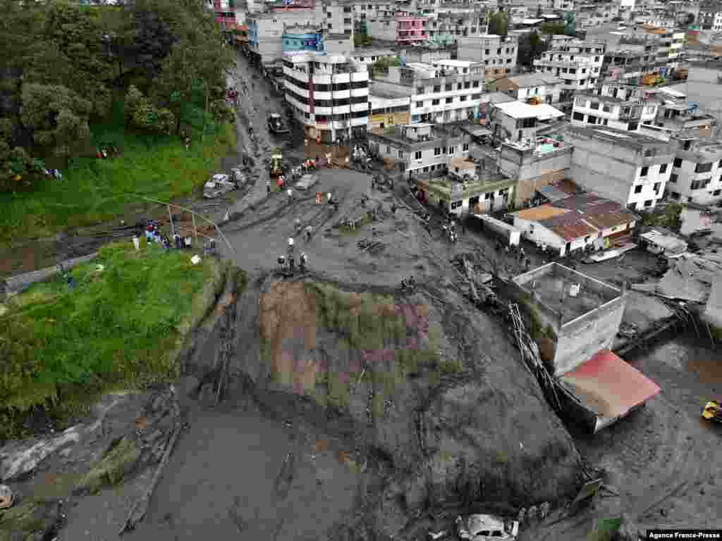 Aerial view of mud after a flood in La Gasca neighborhood, northern Quito.&nbsp;The heaviest flooding to hit Ecuador in two decades has killed at least 18 people in Quito, washing away cars, damaging homes and sweeping away volleyball players and spectators on a sports field, officials said.