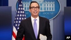 Treasury Secretary Steven Mnuchin speaks to the media during the daily briefing in the Brady Press Briefing Room of the White House in Washington, Feb. 14, 2017.