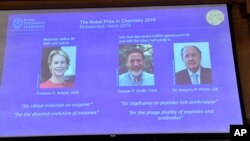 Los laureados con el Premio Nobel de Química 2018 desde la izquierda: Frances H. Arnold, de EE.UU., George P. Smith, de EE.UU. y Gregory P. Winter de Gran Bretaña.