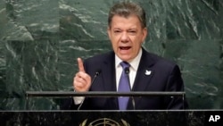Colombia's President Juan Manuel Santos addresses the 71st session of the United Nations General Assembly, at U.N. headquarters, Sept. 21, 2016. 