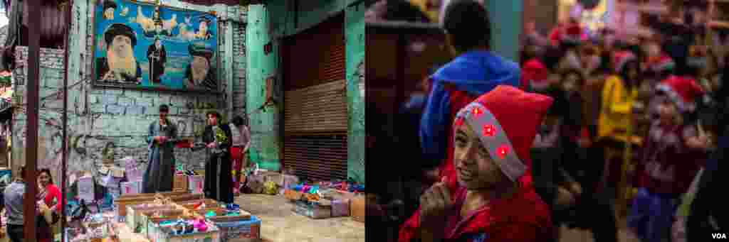 (Gambar Kiri) seorang penjual alas kaki memajang sepatu-sepatu plastik, sepatu-sepatu karet dan sandal jepit menjelang perayaan Natal Koptik di Kota Sampah, di timur Kairo, Mesir, 31 Desember 2017. (Gambar Kanan) Fady Safwat, 13 tahun, yang bekerja sebagai pemungut sampah bersama keluarganya dan belajar di sekolah daur-ulang di Kota Sampah di timur Kairo mengatakan,&quot;Ayahku akan memberikan uang, ditambah dengan yang sudah aku tabung, dan aku akan membeli sepatu baru,&quot; 30 Desember 2017. (H. Elrasam/VOA) 