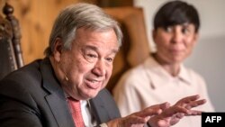 U.N. Secretary General Antonio Guterres attends the annual Oslo Forum, a meeting place for leaders from all over the world, hosted by Norwegian Minister of Foreign Affairs Ine Eriksen Soereide (Background, R) in Losby, Norway, 19 June, 2018.