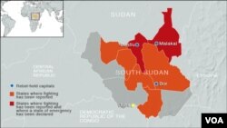 Райони Південного Судану, звідки повідомлено про збройні сутички 