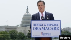 U.S. Republican Presidential candidate Mitt Romney gives his reaction to the Supreme Court's upholding key parts of President Barack Obama's signature healthcare overhaul law in Washington June 28, 2012. Romney said on Thursday that the American people mu