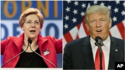 From left, U.S. Senator Elizabeth Warren, a Democrat from Massachusetts, at the California Democrats State Convention in Anaheim, Calif., May 16, 2015, and Republican front-runner Donald Trump at a rally in Eugene, Ore., May 6, 2016.