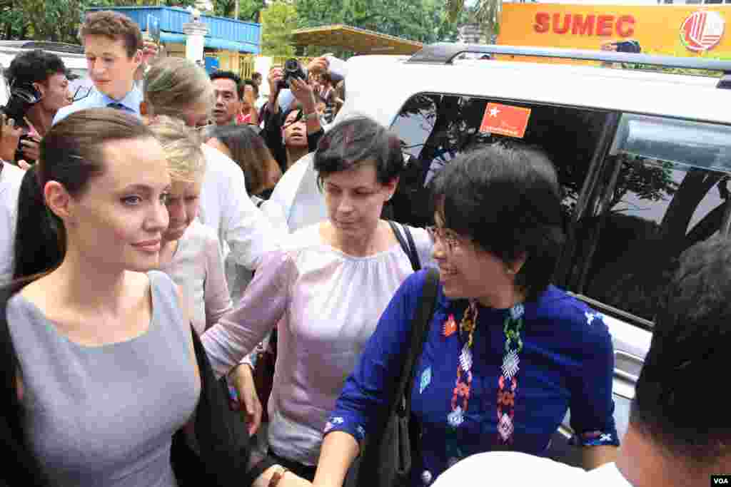 Daw Aung San Suu Kyi and Hollywood atress Angelina Jolie Pitt, United Nations High Commissioner for Refugees special envoy and co-founder of the Preventing Sexual Violence Initiative,visits Yangon, Hlaing Tharyar industrial area to study female workers a