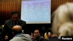 A slide is pictured during a briefing for World Health Assembly (WHA) delegates on the Ebola outbreak response in Democratic Republic of the Congo at the United Nations in Geneva, Switzerland, May 23, 2018. 