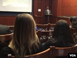 VOA Hausa’s Ibrahim Ahmed recalls his experiences reporting from a region ravaged by terror group, Boko Haram, at a screening for Hill staffers, October 31, 2017.