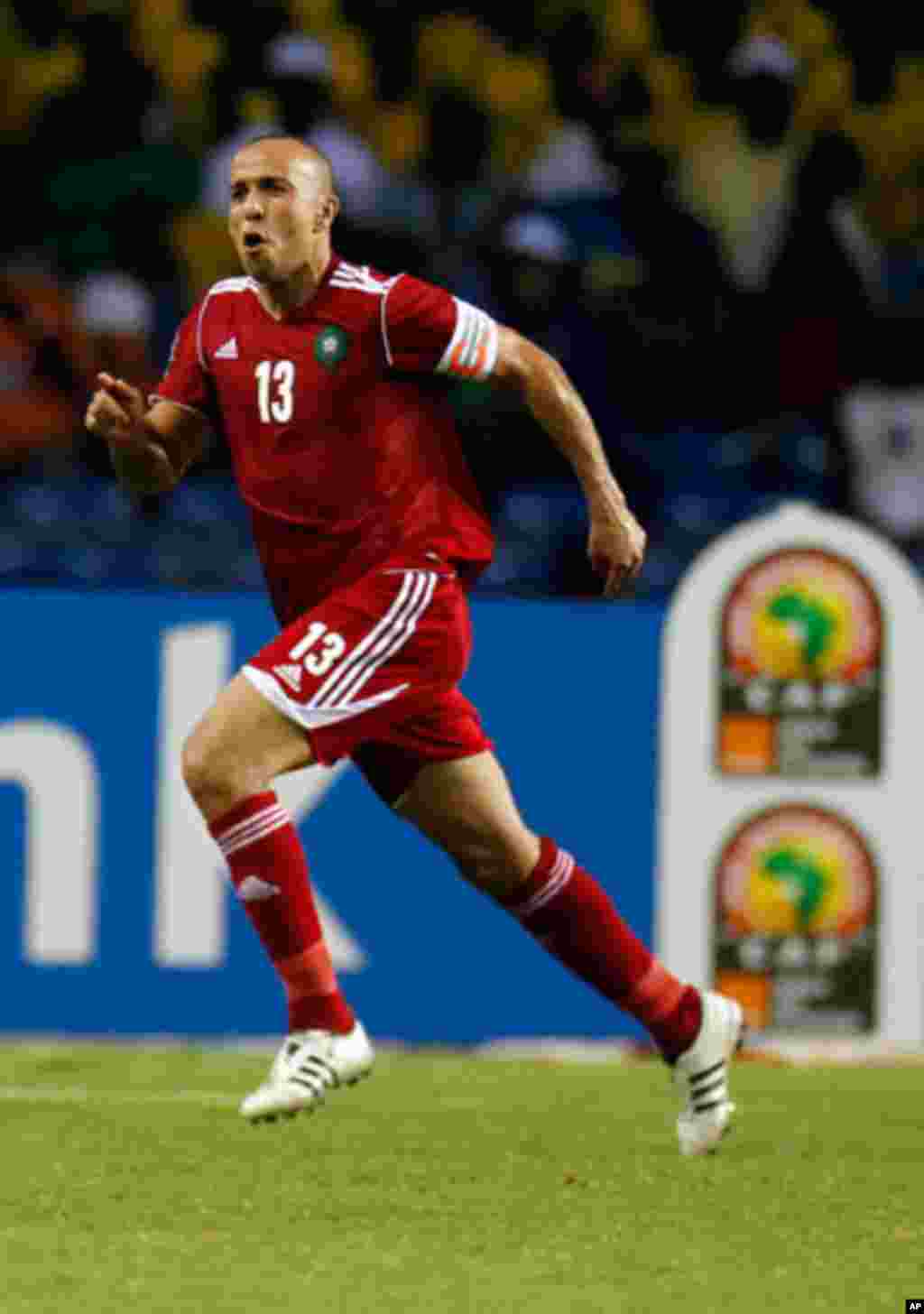 Morocco's Kharja celebrates his goal against Gabon during their African Cup of Nations soccer match in Libreville