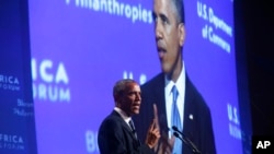 President Barack Obama speaks at the US - Africa Business Forum during the US - Africa Leaders Summit, Aug. 5, 2014, at the Mandarin Oriental Hotel in Washington. 