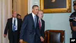 President Barack Obama arrives on Capitol Hill to meet with Senate Democrats and Republicans on Syria, Sept. 10, 2013.