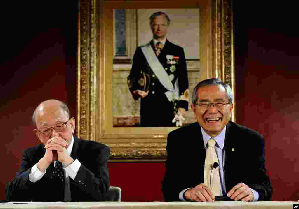 Akira Suzuki (L) of Japan and his compatriot Ei-ichi Negishi meet the media at the Grand Hotel in Stockholm Thursday.The two scientists will receive the Nobel Prize in Chemistry 2010. The portrait in background shows King Carl XVI Gustaf of Sweden, who wi