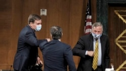 资料照：拉特克里夫出席美国国家情报总监的确认听证会与议员以互碰手肘取代握手来互相问候。