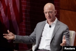 FILE - Jeff Bezos, chairman and CEO of Amazon, speaks at the George W. Bush Presidential Center's Forum on Leadership in Dallas, Texas, April 20, 2018.