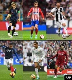 Foto kombinasi 1 Desember 2018, dari kiri atas, gelandang Kroasia, Luka Modric; pemain depan Atletico Madrid asal Perancis Antoine Griezmann; dan pemain depan Juventus, Cristiano Ronaldo. Dari kiri bawah: Kylian Mbappe; bek Real Madrid asal Perancis, Raphael Varane; dan gelandang Liverpool asal Mesir, Mohamed Salah.