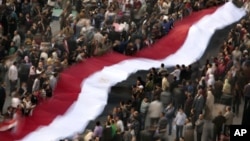 Anti-Mubarak protesters hold an huge Egyptian flag in Cairo's Tahrir Square, February 8, 2011