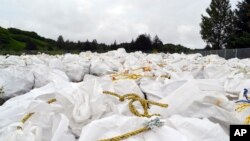 Bags of debris gathered off the coast are shown in Kodiak, Alaska, July 15, 2015. A barge will be used to haul away tons of marine debris — some likely from the 2011 tsunami in Japan — from Alaska shores. 