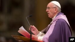 Pope Francis speaks as he leads a Penitential liturgy in St. Peter's Basilica at the Vatican, March 4, 2016.