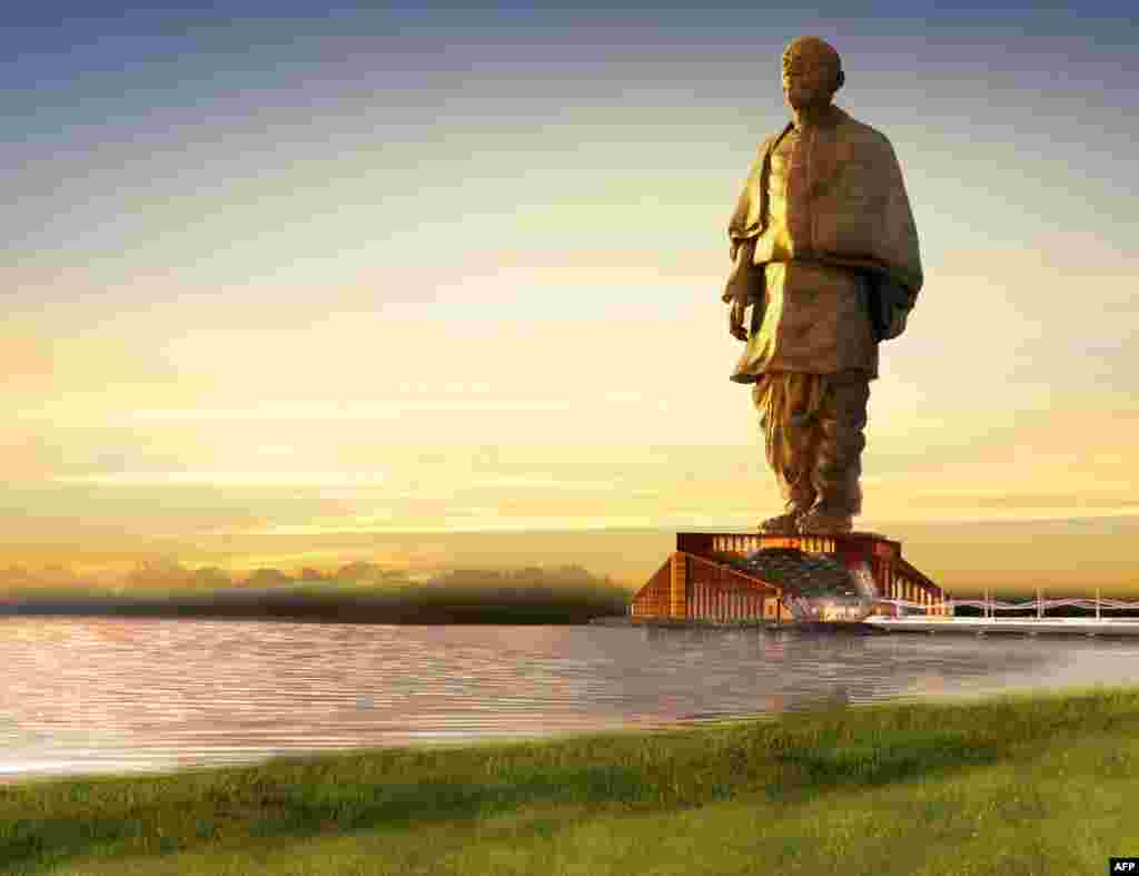 This handout image from the Gujarat Information Bureau depicts the proposed 'Statue of Unity' of India's first home minister, Sardar Patel to be built near the Narmada Dam site at Kevadia village, some 190 kms from Ahmedabad. The tribute is set to be twice the size of the Statue of Liberty and four times higher than Christ the Redeemer in Rio de Janeiro and, rising 182 metres (600 feet) from an island in the Narmada river when completed in four years' time.
