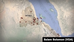 A map of Eritrea, with sites of possible detention centers plotted, based on data from Amnesty International.