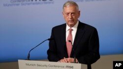 U.S. Defense Minister Jim Mattis speaks during the Munich Security Conference in Munich, Germany, Friday, Feb. 17, 2017.